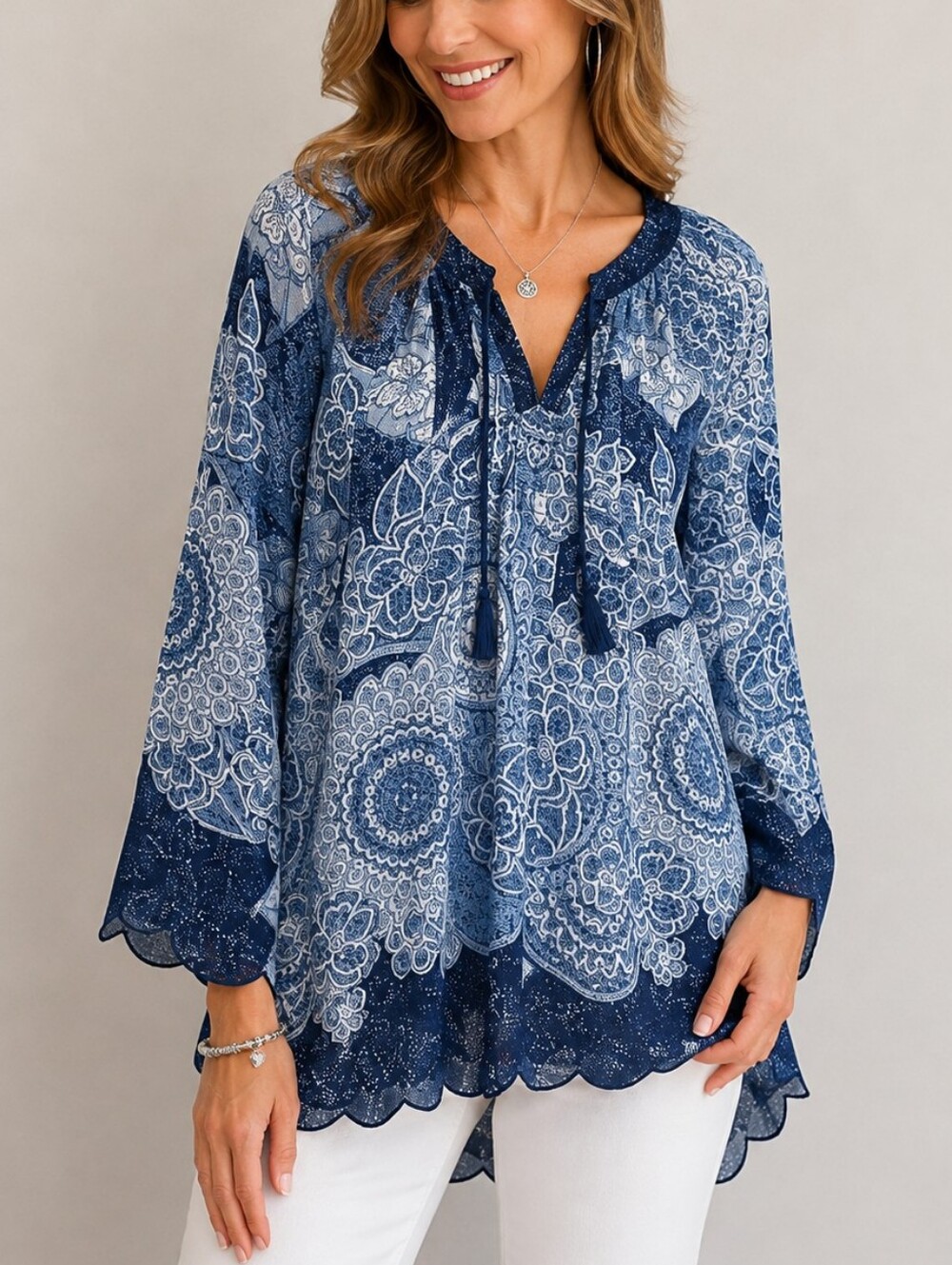 V CRISTINA Floral Scalloped Split Neck Sheer Pintucked Blouse